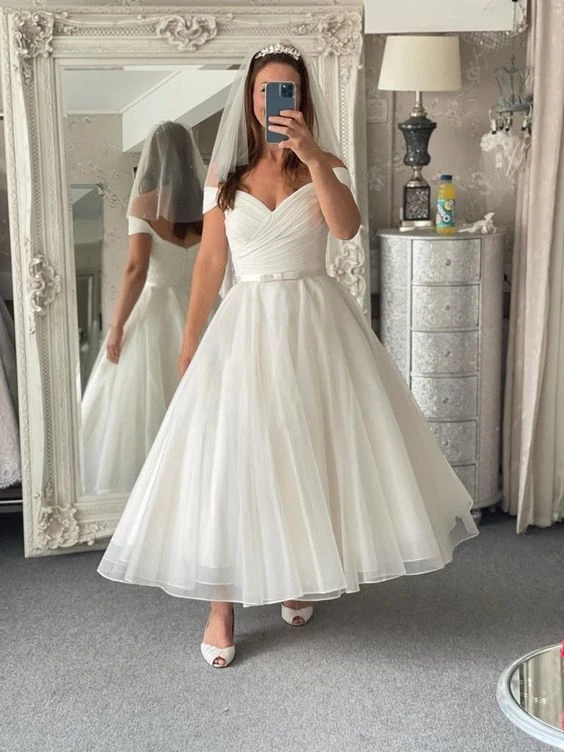 Tea Length Wedding Dresses Off the Shoulder Tulle Mid Calf A Line Bridal Gowns - Image 3 of 4