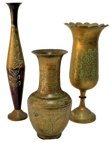 Etched Indian Brass Tall Urn Shaped Footed Floral Vase Ruffled Rim Set x3 Vtg
