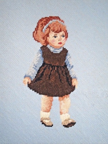 Lot of 2 Antique 1920 Wool Needlepoint Pictures BOY & GIRL 13" x 11" each - Picture 3 of 11