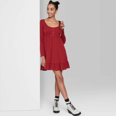 Long Sleeve Waffle Knit Babydoll Dress 