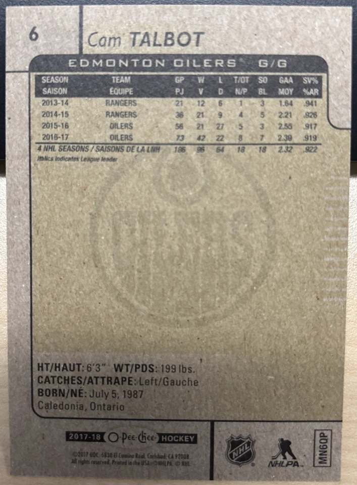 2017-18 17/18 O-Pee-Chee #6 Cam Talbot Edmonton Oilers - Image 2 of 2