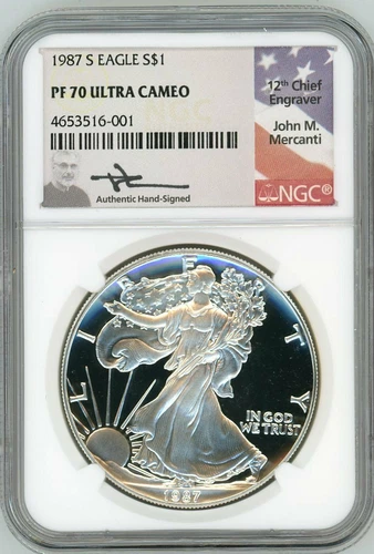 1987 S $1 1 OZ Proof Silver Eagle NGC PF70 John Mercanti