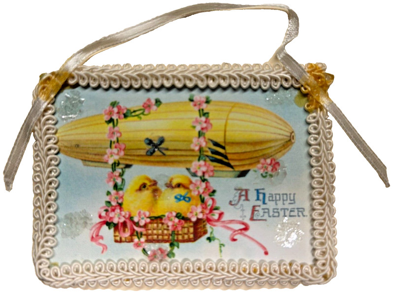 Antique miniature Easter postcard-2 chicks in basket hanging from a dirigible