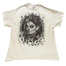 Y2K ODM Shirt Mens Extra Large Day of Dead Fire Skull Gothcore White