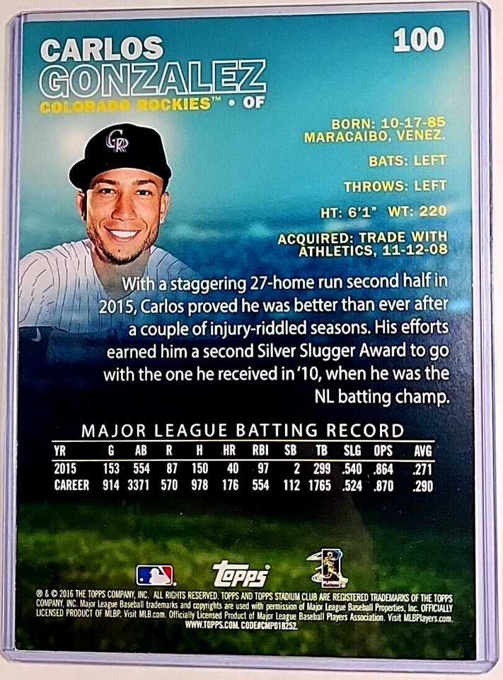 2016 Topps Stadium Club 5X7 Gold #100 Carlos Gonzalez /10 Colorado Rockies 7x5 - Image 2 of 3