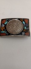 Vtg 925 Sterling Silver Mexico Abalone Turquoise Malachite Belt Buckle Aztec