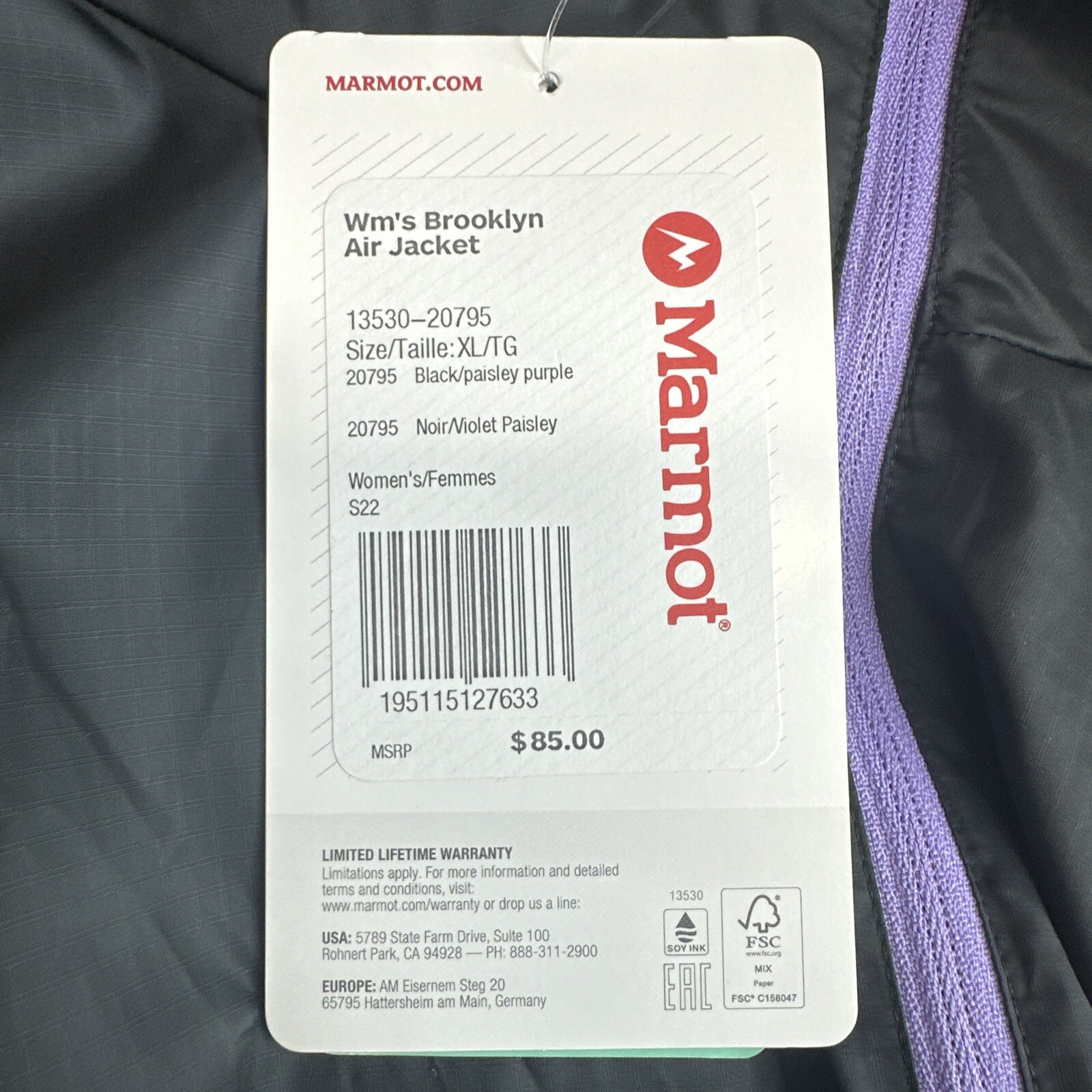 Marmot Mountain Women Jacket Black Purple Waist Length Full Zip Pockets XL New