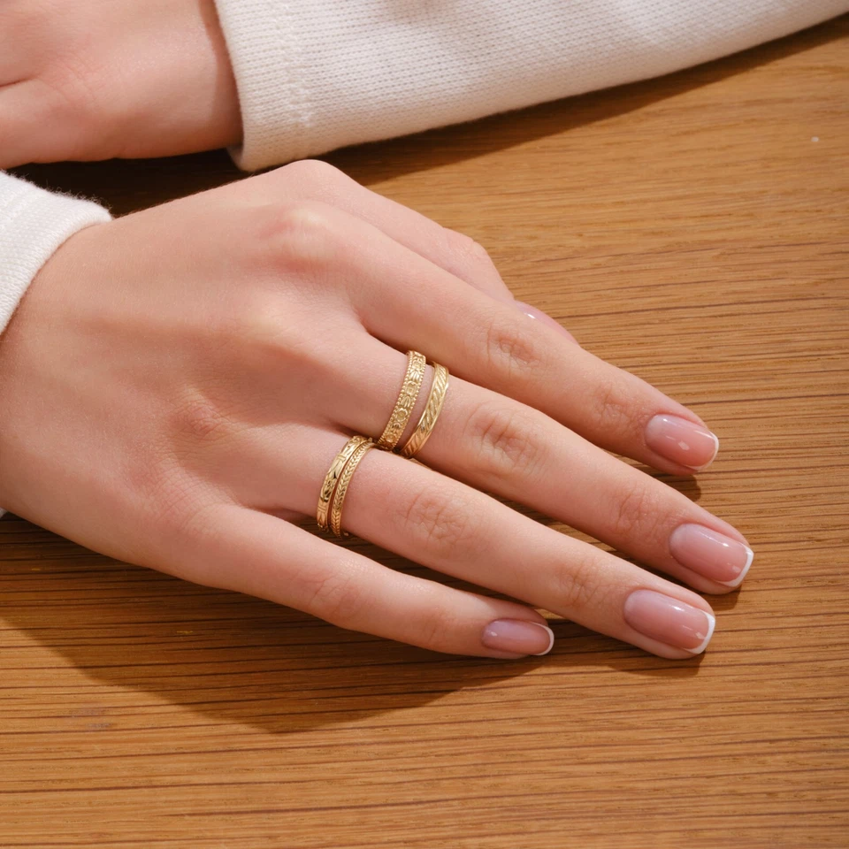 Tulip Floral Engraved Wedding Band 10K Gold Flower Pattern Ring for Women Gift - Image 4 of 4