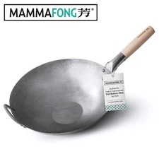 Mammafong Authentic Hand Hammered 14" 35cm Carbon Steel Flat bottom Pow Wok