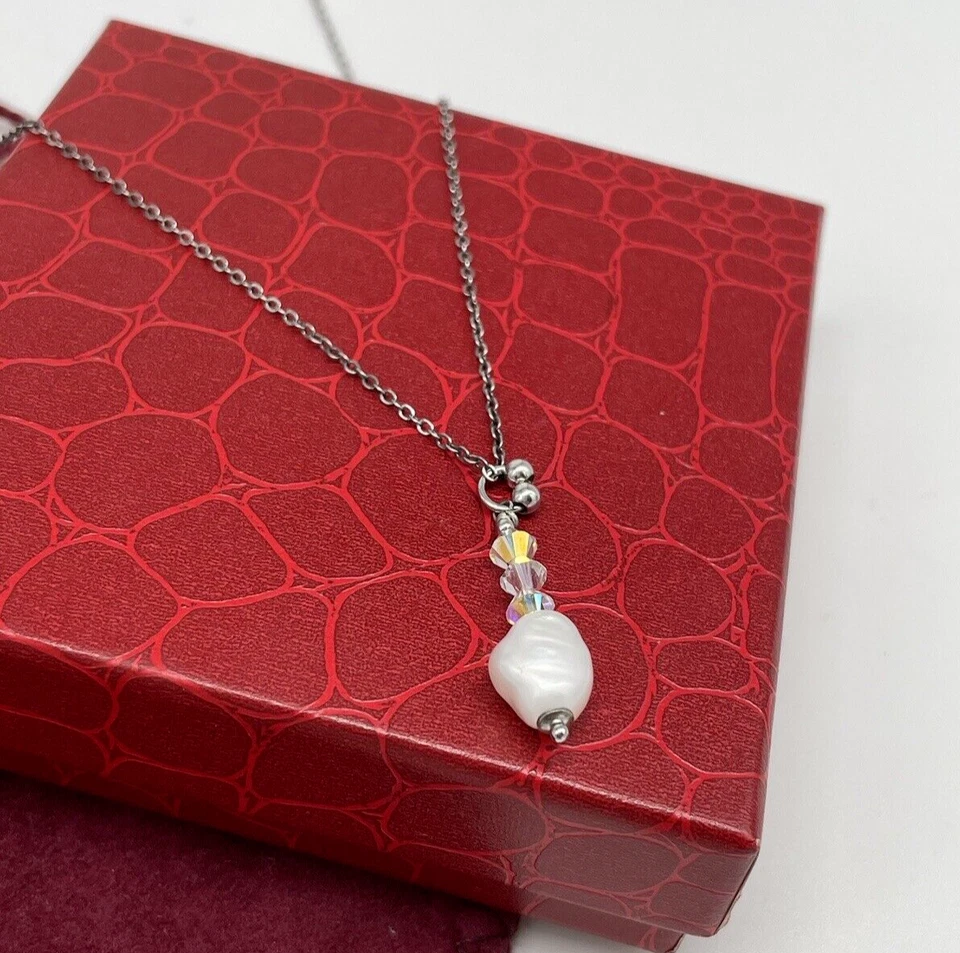 Collana donna vintage catenina pendente di perla naturale cristalli argento 925. - Immagine 2 di 4