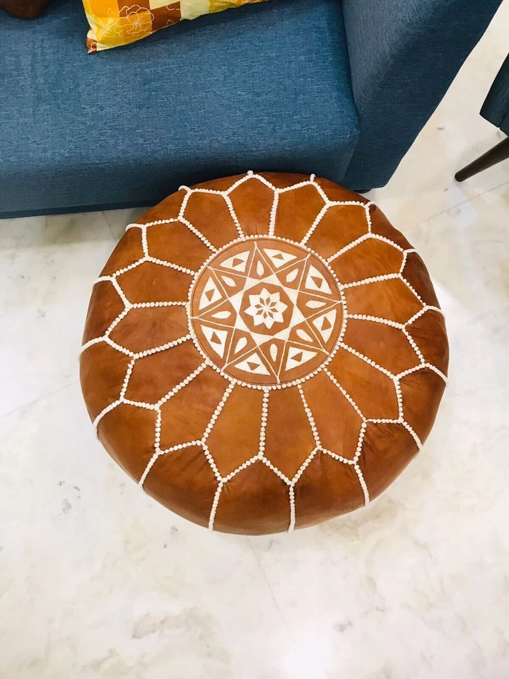 Puf boho otomano hecho a mano marroquí de cuero genuino reposapiés puf para niños Foto 4 de 4