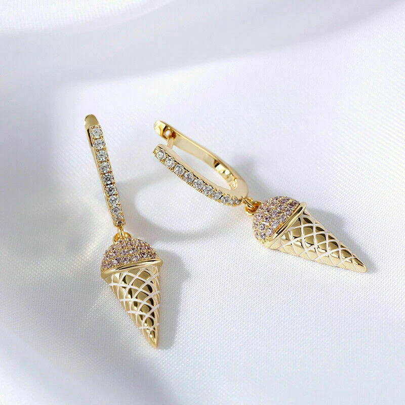 1.30 Ct Round Cut Diamond Simulated Ice Cream Dangle Earrings Yellow Gold plated - Image 4 of 4