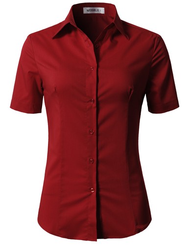 Womens Button Down Shirt Basic SLIM FIT Simple Short Sleeve Collared S010 - Picture 25 of 95