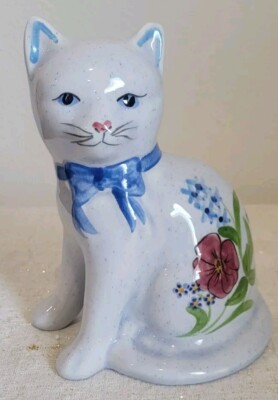 VINTAGE CAT FIGURINE PORCELAIN NO CHIPS, CRACKS SWEET FACE. BLUE BOW.