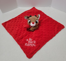My First Rudolph Red Nosed Reindeer Lovey Rattle Security Blanket Minky Dots