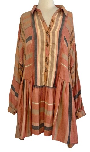 FREE PEOPLE Flannel Shirtdress Ruffled Hem Striped Sunset Peach Rose Sz L NEW - Picture 4 of 12
