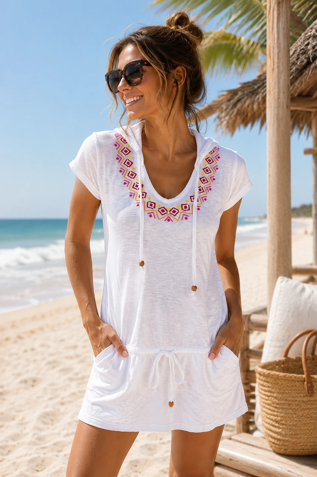 Athleta White Embroidered Beach Cover Up Tunic Hoodie- Size XXS