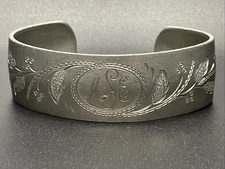 Vintage Hand Engraved Pewter Monogrammed "MSE" Cuff Bracelet with Floral Design