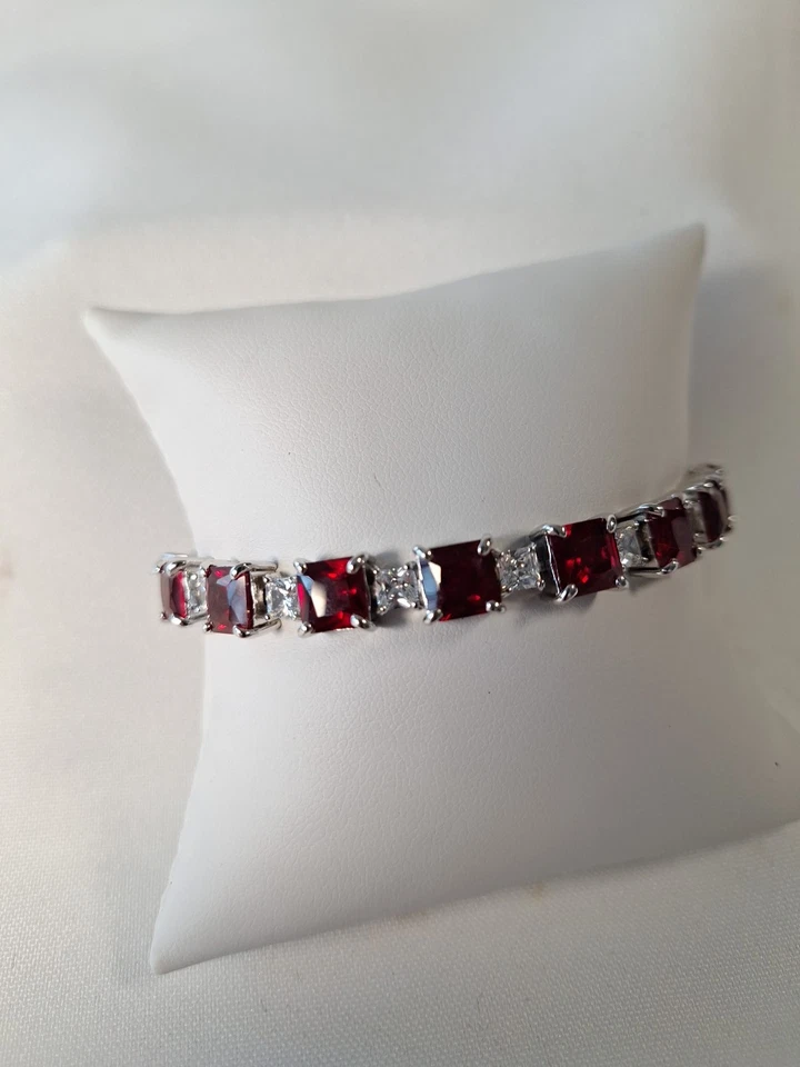 925 Sterling Silver Lab-Created Large Ruby & CZ Tennis Bracelet - Image 2 of 4