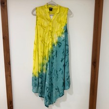 Seven Islands Tie Dye Embroidered Sharkbite Dress Womens L Yellow Teal | Boho