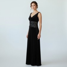 Tadashi Shoji Black Velvet Gown Ruched Satin Waist Sleeveless V Neck Size 8