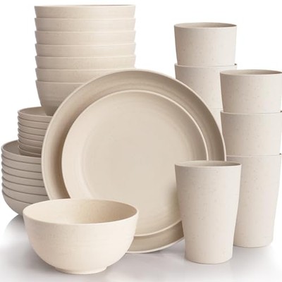 Cream Plastic Plates and Bowls Sets Dishwasher and Microwave Safe