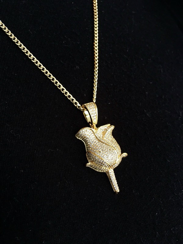 NEW 18K GOLD CUBAN LINK 18” CHAIN ROSE LAB DIAMOND PENDANT MADE IN ITALY!