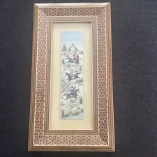 Vintage Persian Mini Painting On Bone Hunting Scene Horses Deer Gift From Iran