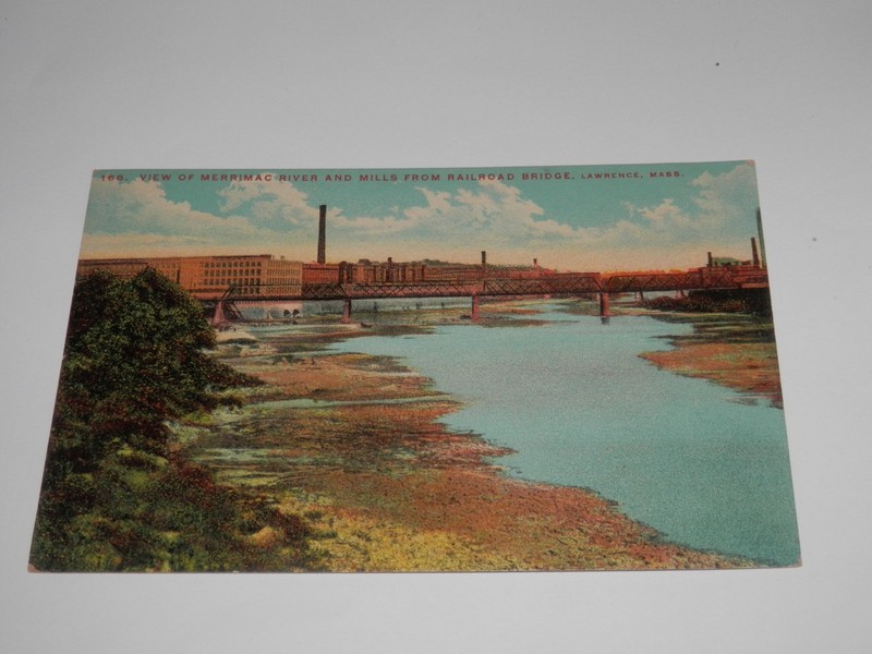 LAWRENCE MA - 1907-1915 ERA POSTCARD - MERRIMAC RIVER and MILLS from R.R. BRIDGE