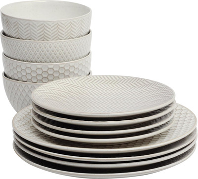 Oyster Tide 12-Piece Stoneware Dinnerware Set for 4 - Round Plates & Bowls