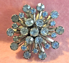 VTG Mid Century Ice Blue Rhinestone Starburst Brooch Pin Silver Tone Snowflake