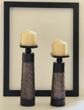 Creative Scents Dublin Brown Metallic Pillar Candleholders Set/2 BONUS W/Candles