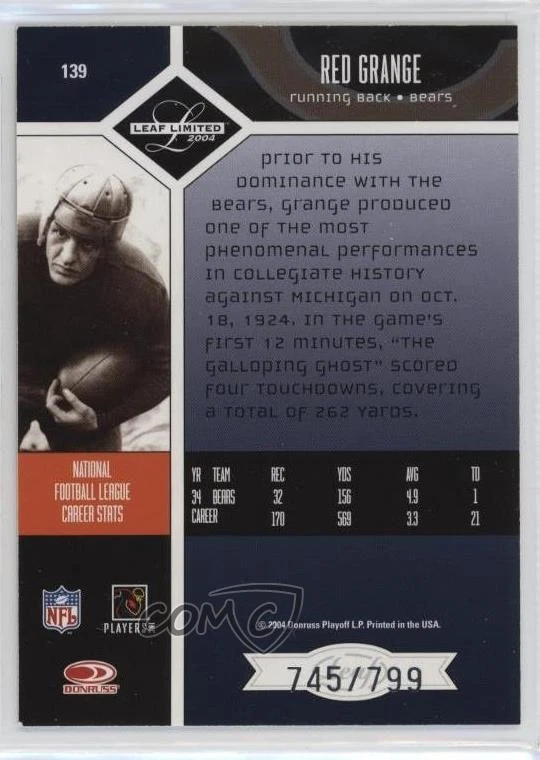 2004 Leaf Limited /799 Red Grange #139 HOF - Image 2 of 2