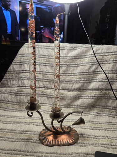 Vintage Gregorian Kupfer Kerzenständer mit 2 Plexiglas Kleinen mit Kupferflecken... - Bild 1 von 5