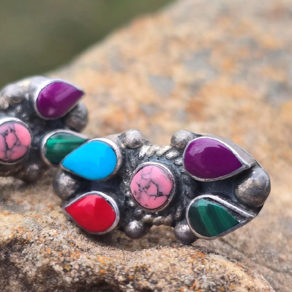 Винтажные серьги Taxco из чистого серебра с несколькими драгоценными камнями юго-запад Мексики - Изображение 2 из 4