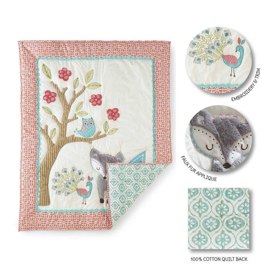 - Juego de cama de cuna Fiona - Juego de guardería para bebé - Rosa, verde azulado y blanco - Woodland Fo... Foto 2 de 4