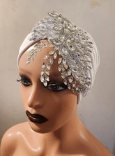 Rhinestone Turban Fascinator Wedding White Bridal Church Tea Party Headwrap Hat