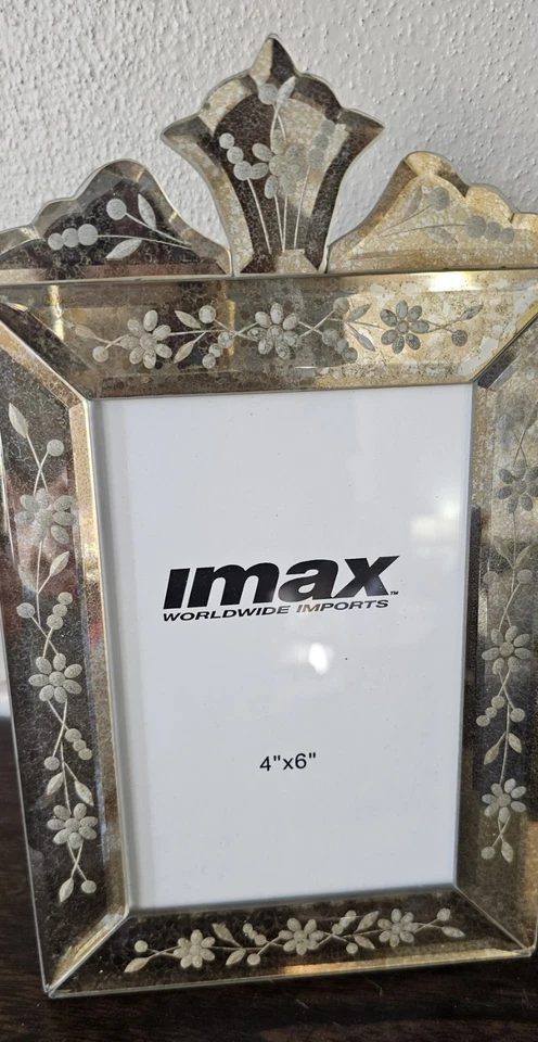 Marco de fotos de vidrio espejo arqueado superior grabado estilo veneciano caballete trasero Foto 2 de 4