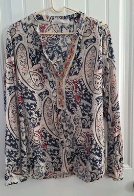 Finicky Filly Womens Medium Beige Blue Paisley Long Sleeve Blouse Top Embroider