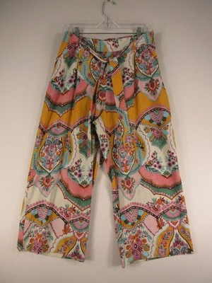 Eliane Rose Pants Womens L Wide Leg Cropped Elastic Waist Tie Floral Ivory Multi