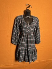 MadeWell Plaid Flannel 3/4 Sleeve Dark Green Tiered Dress Size XS