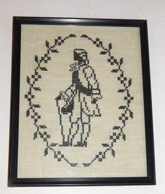 Vtg. Colonial Man on linen 1970's Framed Cross-stitched NICE  8 x 10 Handcrafted
