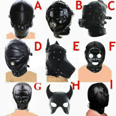 Binding PU-Leather Padded Hood Head Mask Gimp Harness Blindfold Restraints