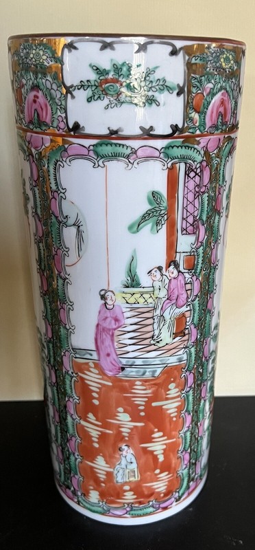Vintage ACF Japanese Porcelain Famille Rose Cylinder Vase