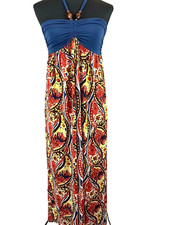 Nine West Maxi Dress Halter Strapless size XS Wood Beads Paisley Floral Blue Red