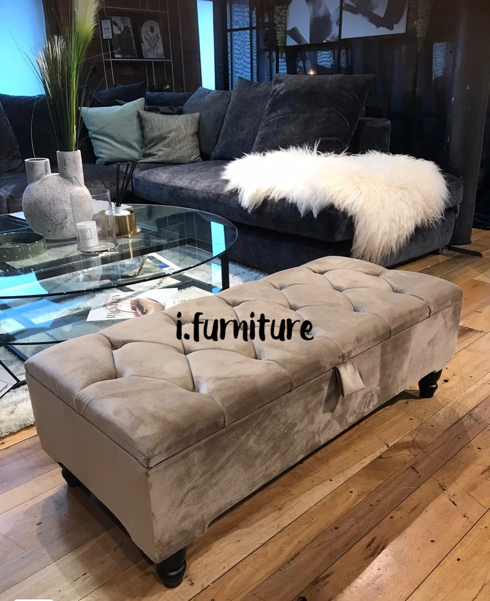 Ottoman Pouffe Wooden Chesterfield Velvet Storage Footstool Beige Champagne