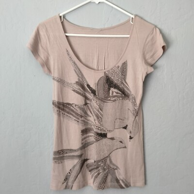 MNG Mango Y2K Pink Beaded T-shirt w/ Bird Print Women's Size S Scoop Neck 