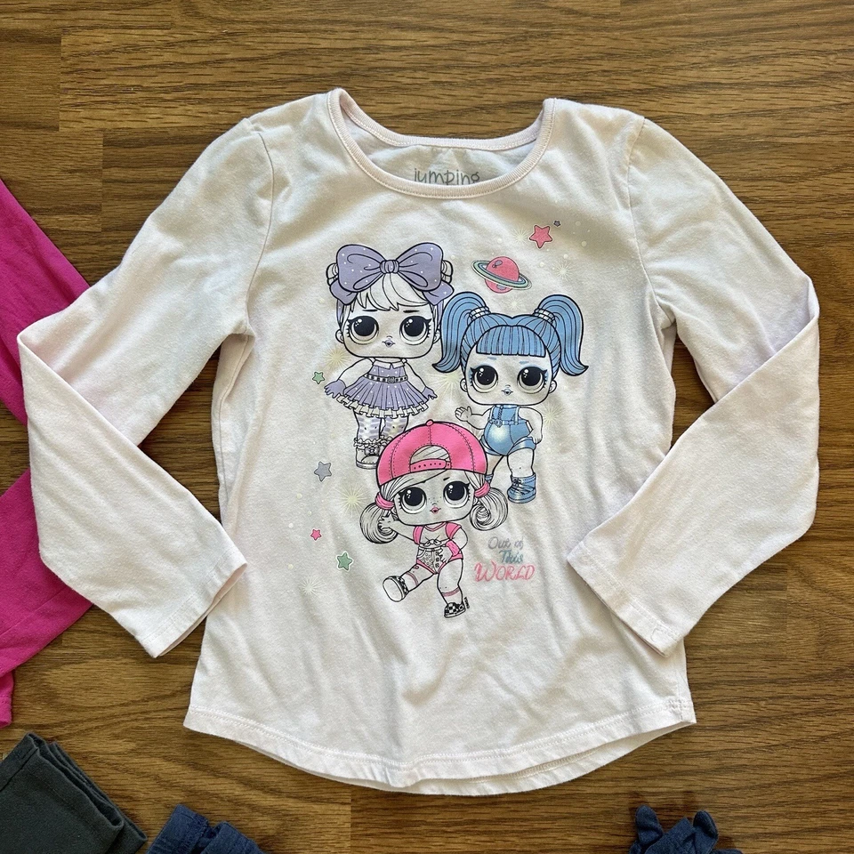 Lote de 4 peças LOL Surpresa Feijão Salto Meninas 6 Tops Leggings Manga Longa Excelente Estado Usado! - Imagem 2 de 4