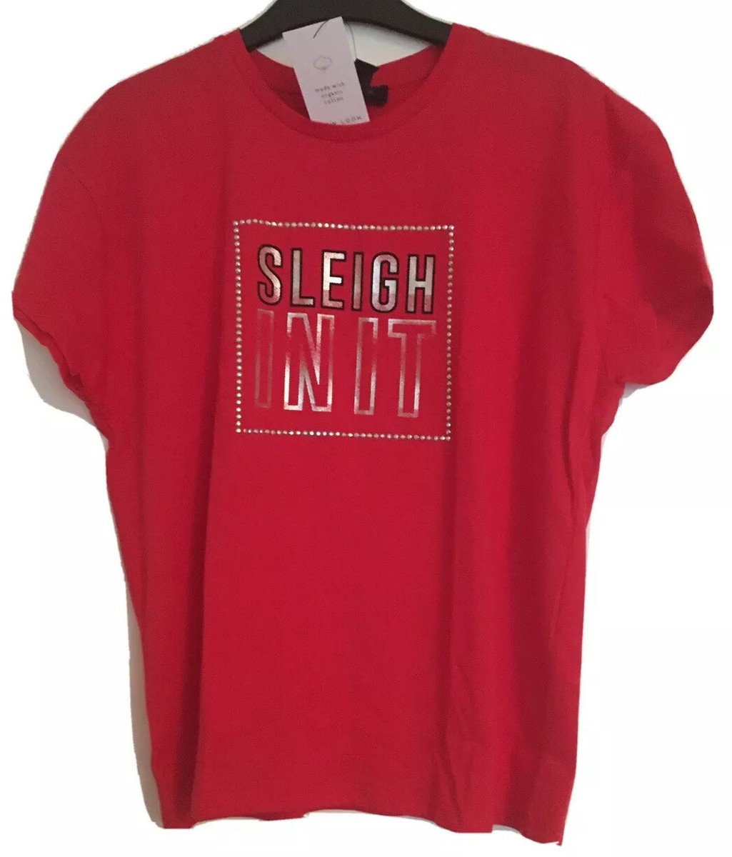 GIRLS NEW LOOK 915 RED SLEIGH IN IT RED XMAS CHRISTMAS T-SHIRT