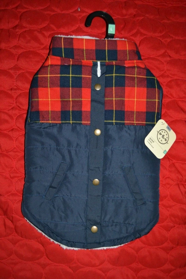BOND & CO Dog Camp Tartan Jacket - Red Plaid, Navy Quilt, Sherpa Fleece Lining - Large